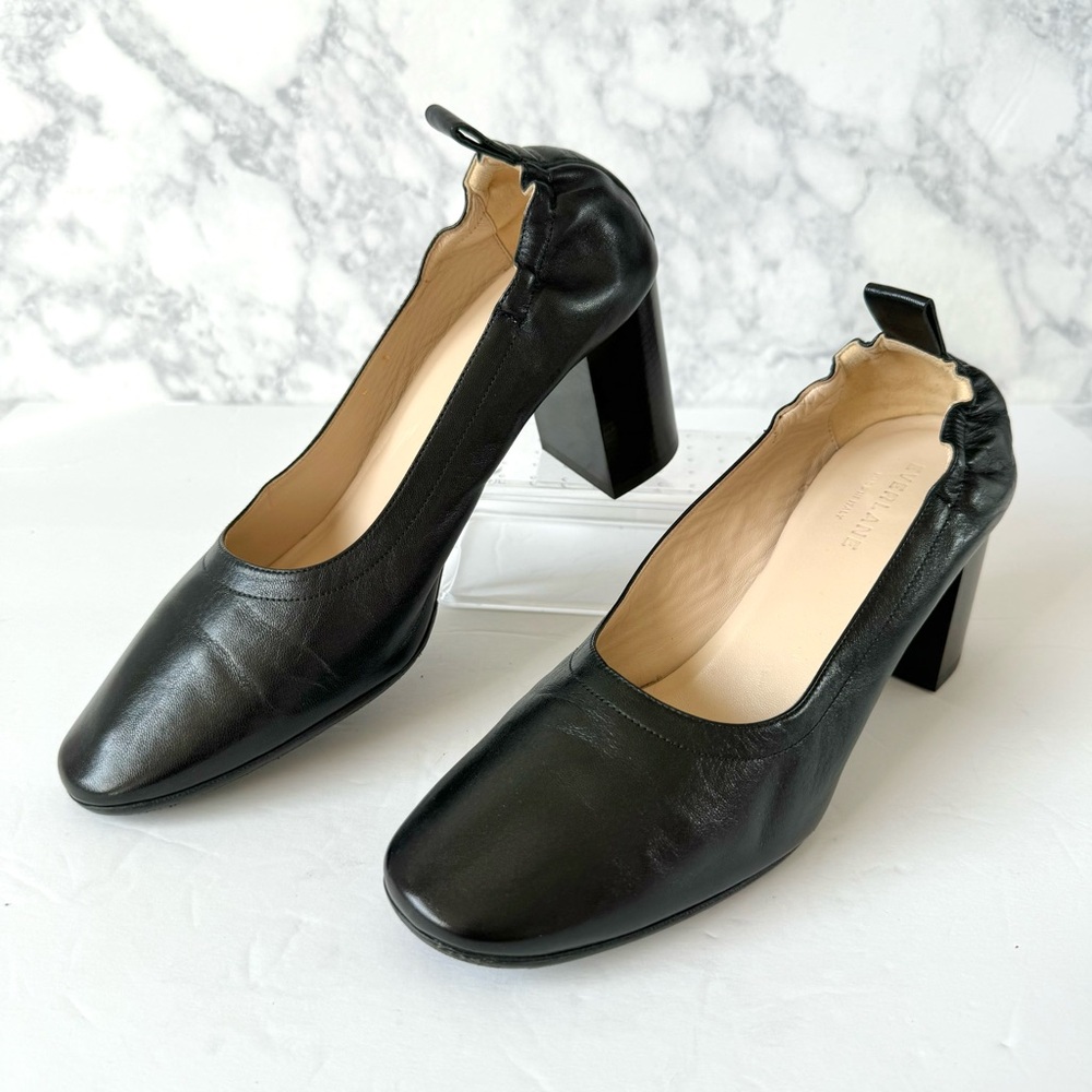 Everlane The Day High Block Heel Pumps in Black Leather Size 8